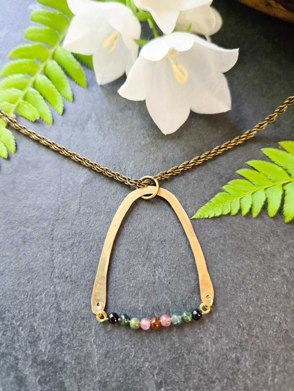 NWT Artisan-Made Rainbow Tourmaline Hammered Brass Arc Pendant Necklace